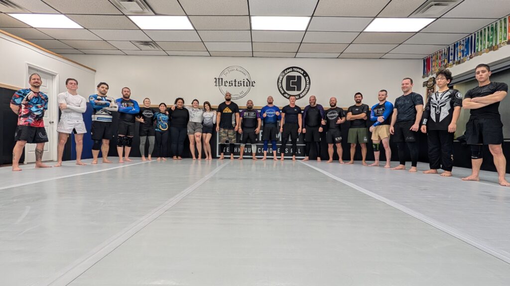 group of men and women standing in an arced line to pose for a photo after a nogi jiu jitsu class