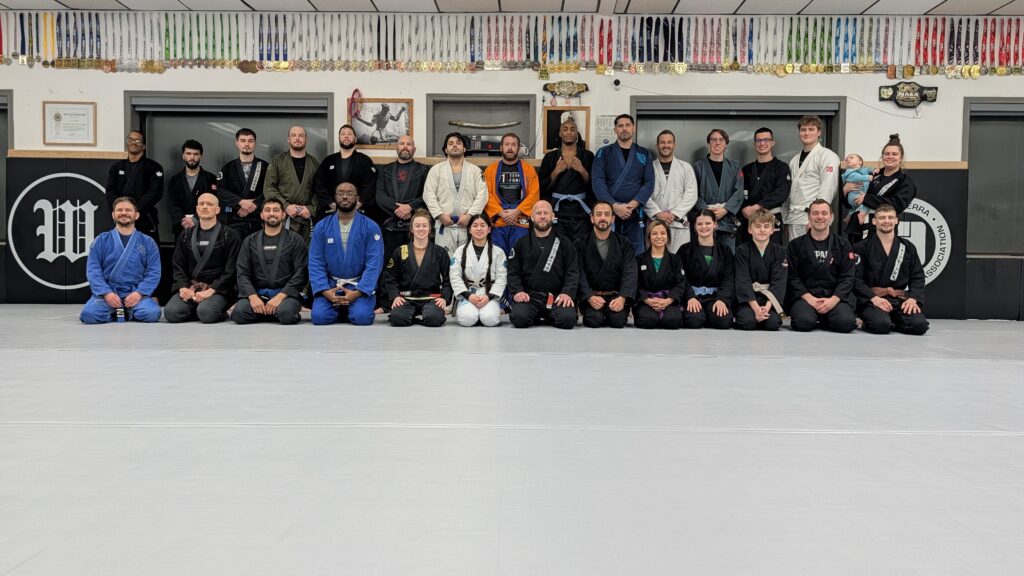 group of students wearing gi's lined up between mat logos under hanging medals, back row standing, front row kneeling
